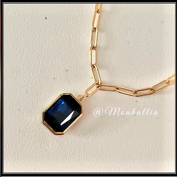 14k Gold Deep Ocean Blue Emerald Cut Crystal Minimalist Necklace - Picture 2 of 6